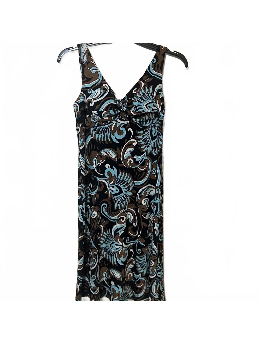 R & K Brown Artsy Blue Sleeveless V-Neck Moody Floral Dress 6 Petite